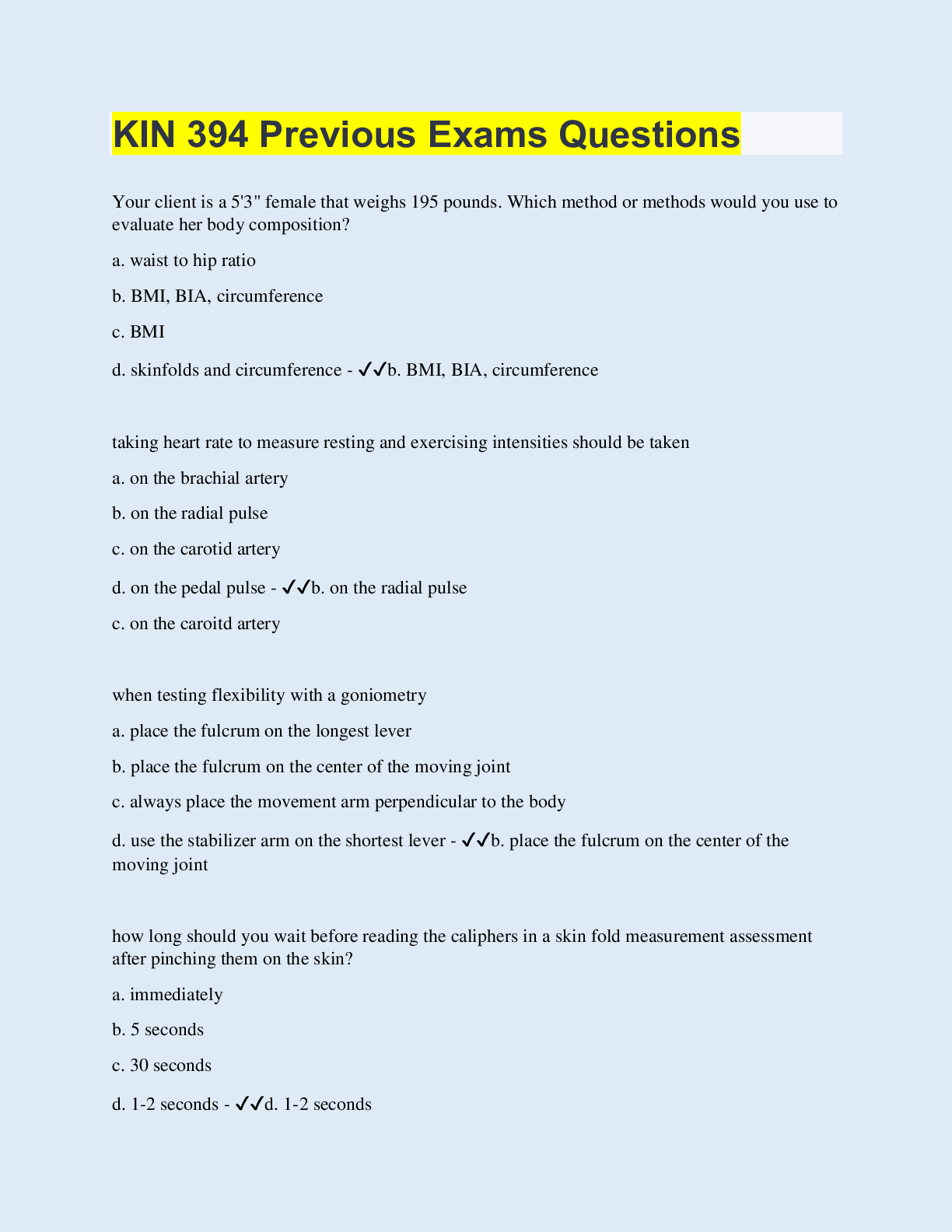Preview image for KIN 394 Previous Exams Questions | 70 Questions with 100% Correct Answers | Updated & Verified